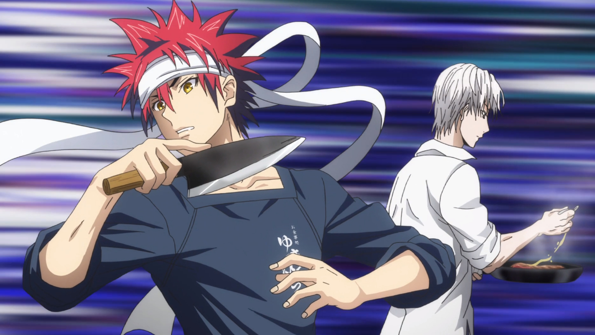 Bild von Soma, wie er in Food Wars ein Messer schwingt und um ihn herum Aktionslinien hat