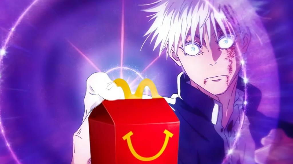 Gojo hält einen Happy Meal-Behälter von McDonald's, der mit einer angeblichen Zusammenarbeit zwischen McDonald's und Jujutsu Kaisen in Verbindung steht