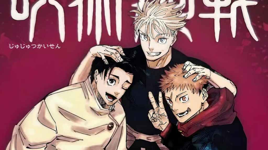 Gojo mit seinen Schülern Yuta und Yuji auf einem illustrierten Cover von Jujutsu Kaisen