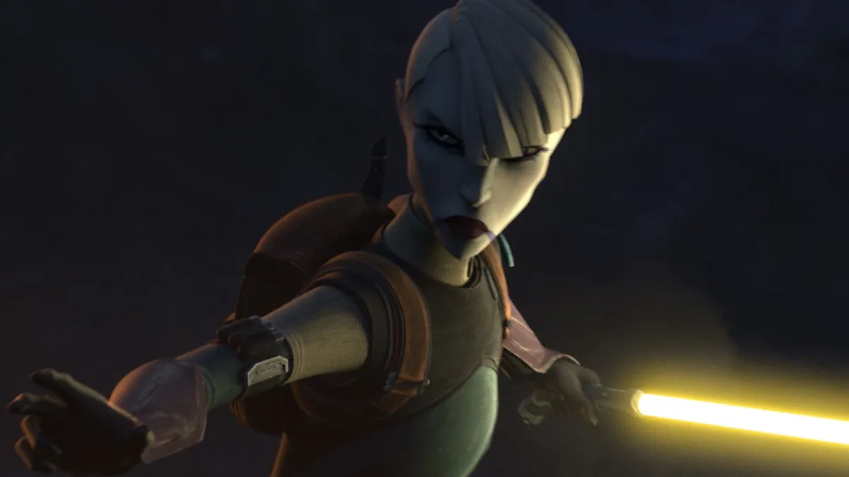 Asajj Ventress hält ein Lichtschwert