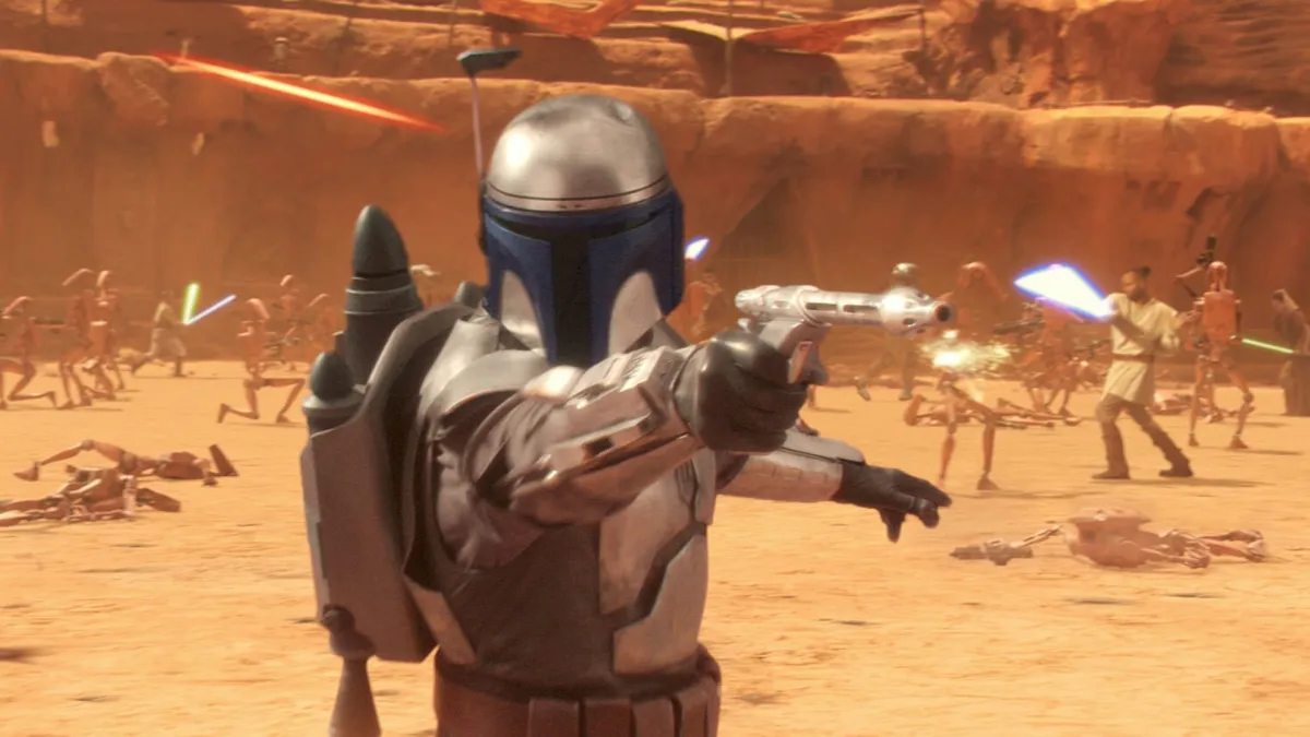 Jango Fett schießt mit einem Blaster