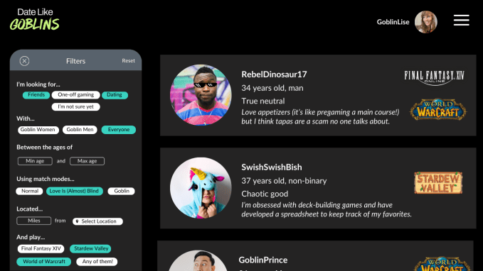 Suchseite für die Dating-Plattform Date Like Goblins