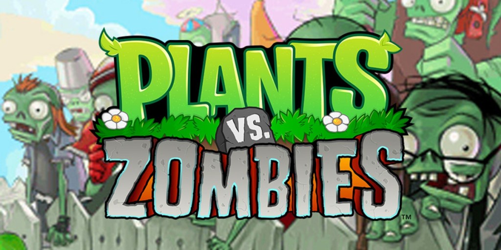 Zombies versammeln sich hinter dem Titel Plants vs. Zombies