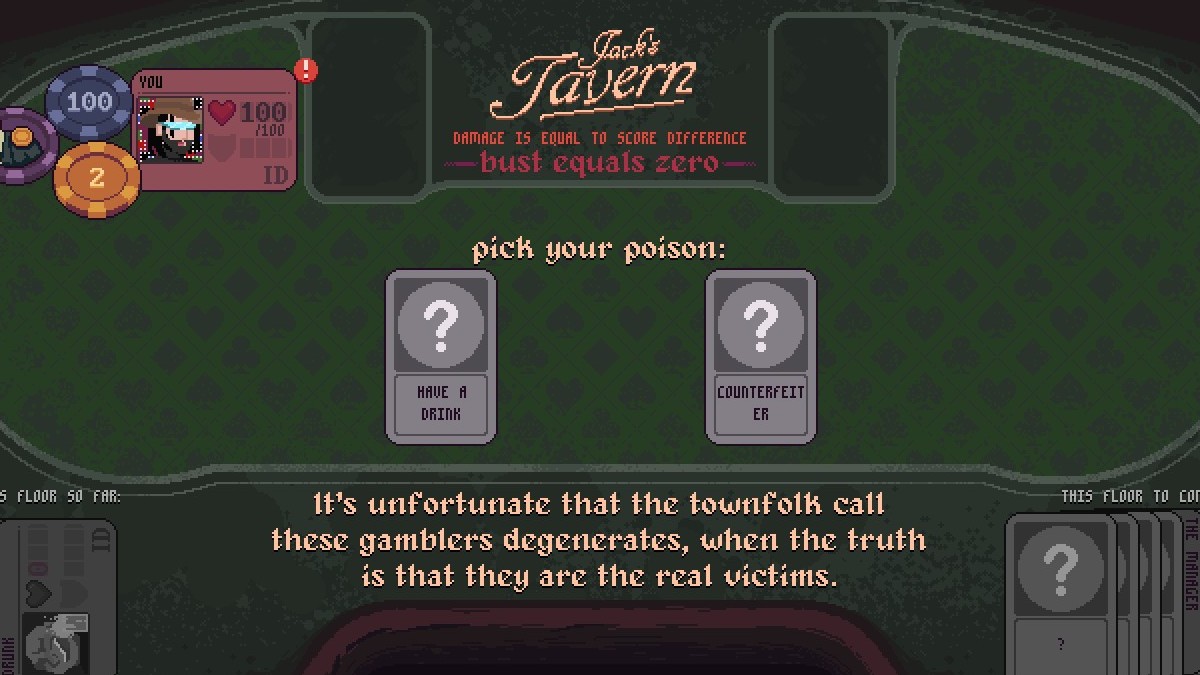 Eine Option zur Auswahl von zwei Aktivitäten in einem „Pick Your Poison“-Event in Dungeons & Degenerate Gamblers, mit einem Artikel, in dem alle verschiedenen Aktivitäten detailliert beschrieben werden