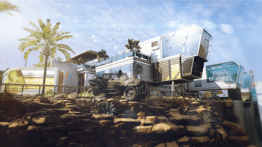 Combine Map in Call of Duty Black Ops 3, die ein modernes Gebäude auf einer Klippe mit mehreren Hydrolgärten zeigt