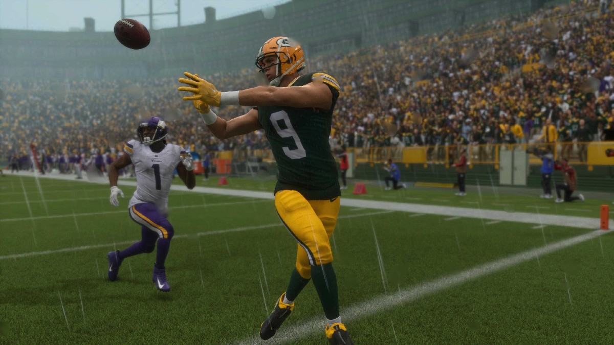 Ein Foto eines Receivers der Green Bay Packers, der in der Endzone einen Ball fängt, während er in Madden NFL 25 gegen die Minnesota Vikings antritt, in einer Spielbesprechung