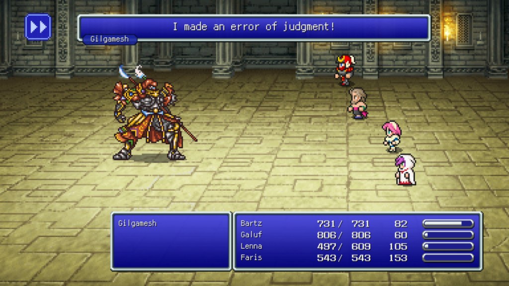 Final Fantasy Pixel Remaster-Screenshot von Bartz, Galuf, Lenna und Faris im Kampf gegen Gilgamesch in FF5.