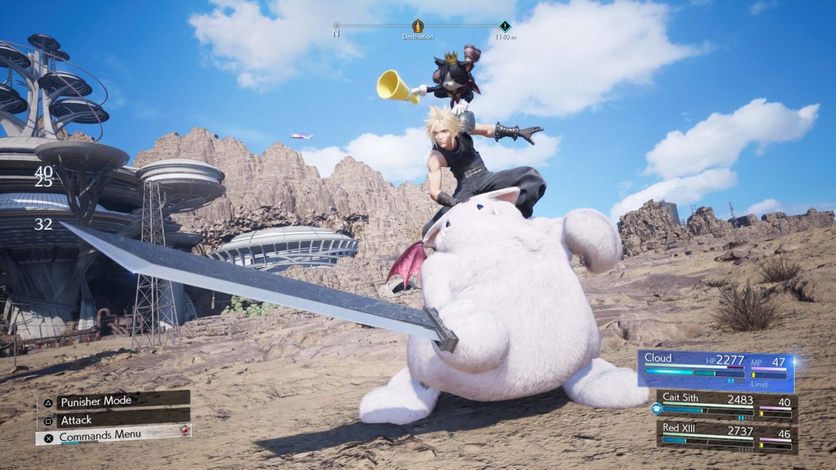 Screenshot aus Final Fantasy 7 Rebirth von Cait Siths Moogle, der Clouds Buster-Schwert verwendet, während Cloud und Cait Sith darauf reiten.