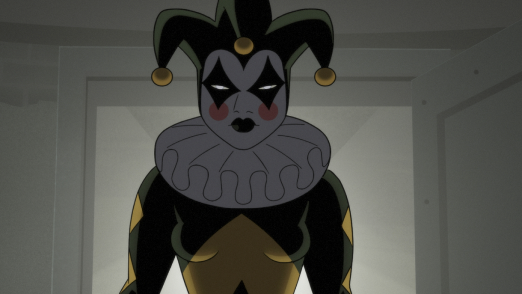 Harley Quinns Auftritt in Staffel 1 von Batman: Caped Crusader. Sie trägt ein Narrenkostüm und ihr Gesicht ist von Schatten bedeckt.