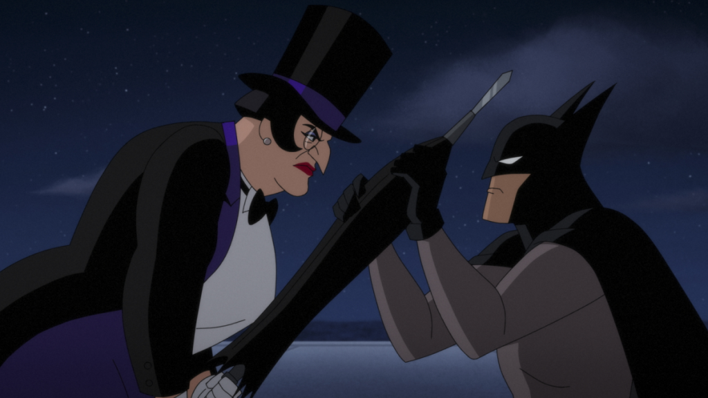 Batman kämpft gegen Oswalda Cobblepot/den Pinguin in Batman: Caped Crusader Staffel 1, als der Pinguin versucht, ihn mit ihrem Regenschirm zu schlagen