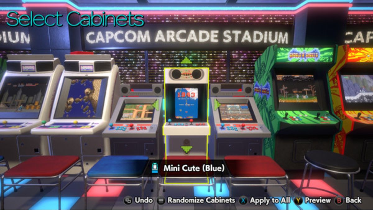 Screenshot der 3D-Arcade aus dem Spiel Capcom Arcade Stadium mit einer Reihe farbenfroher Arcade-Spiele