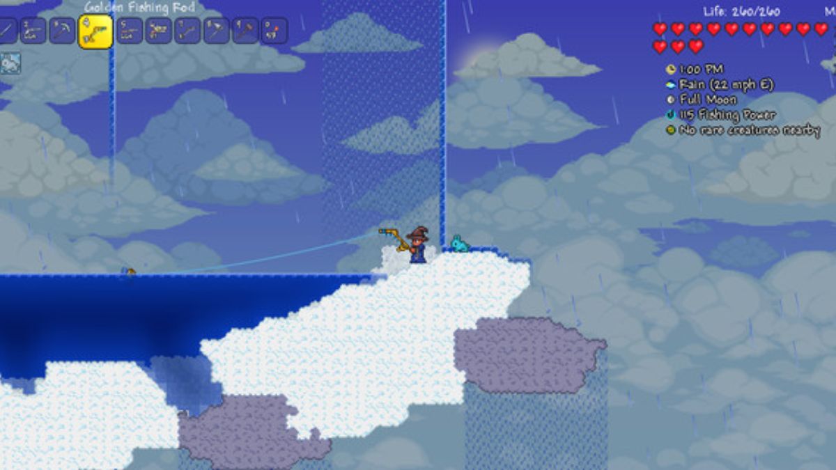 Gameplay-Screenshot von Teraria, der eine Figur in Zauberseilen zeigt, die an etwas angelt, das wie eine Wolke aussieht.