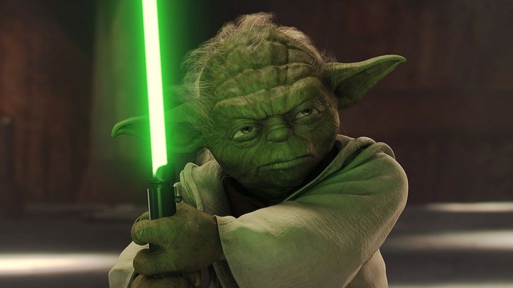 Yoda schwingt sein Lichtschwert in Star Wars: Angriff der Klonkrieger