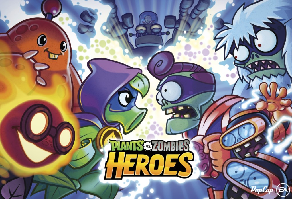 Auf dem Cover von Plants vs. Zombies Heroes stehen sich Pflanzen- und Zombiefraktionen gegenüber