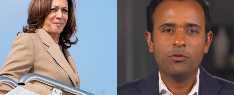 Der republikanische Fuehrer Vivek Ramaswamy stellt Kamala Harris Identitaetswandel in