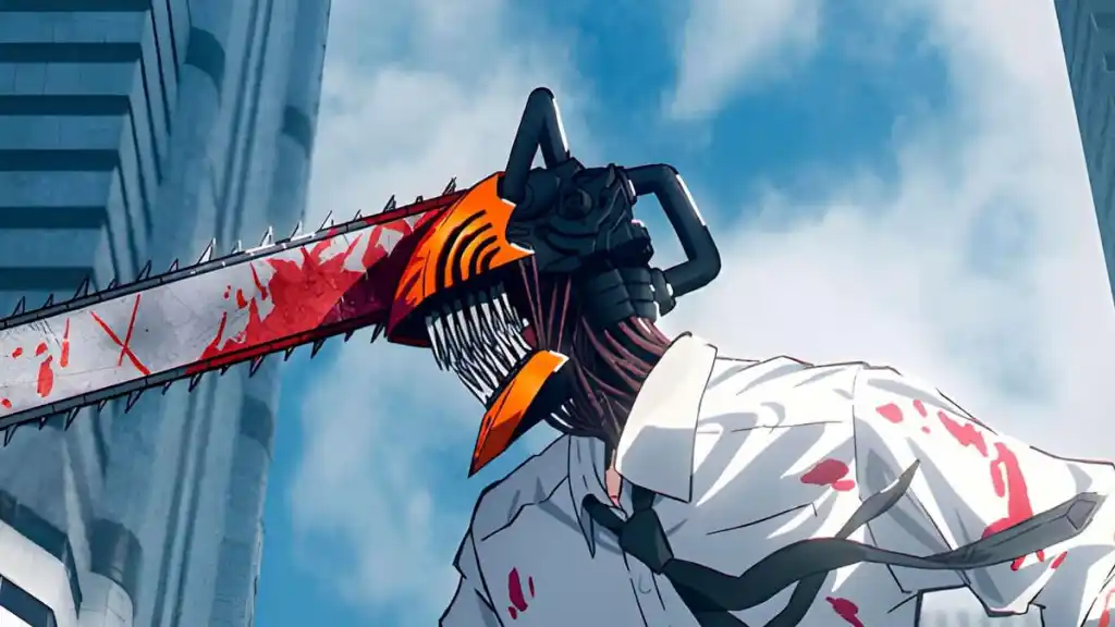 Chainsaw Man grinst, während er verwandelt und blutig ist