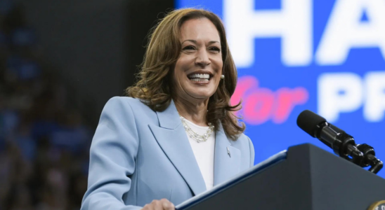 Kamala Harris sichert sich genuegend Delegiertenstimmen um als Praesidentschaftskandidatin der.p