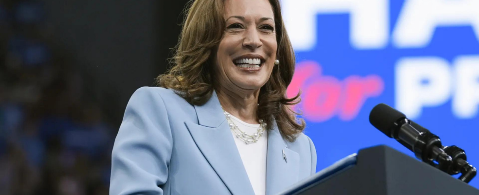 Kamala Harris sichert sich genuegend Delegiertenstimmen um als Praesidentschaftskandidatin der.p