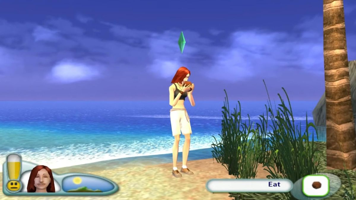 Screenshot eines Sims, der im Konsolenspiel Die Sims 2 Castaway eine Kokosnuss isst