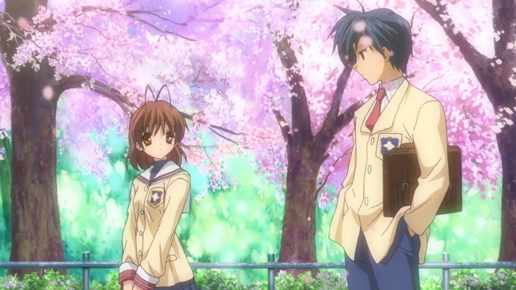 Tomoya geht mit Nagisa durch einen Park mit Kirschblüten