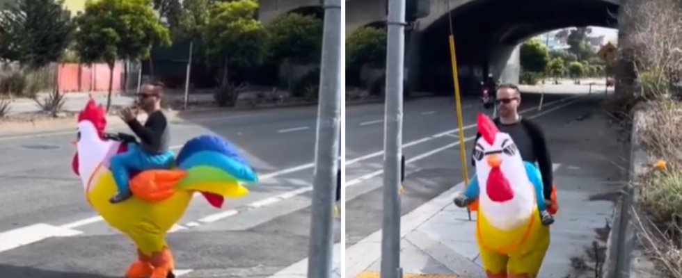 Ansehen Polizist in San Francisco verkleidet sich als buntes Huehnerkostuem