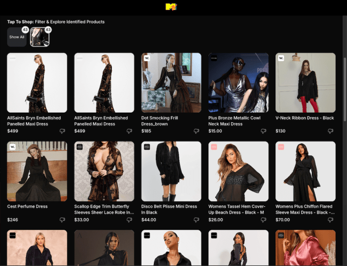 Screenshot der MTV-Shop-Plattform mit Shopsense