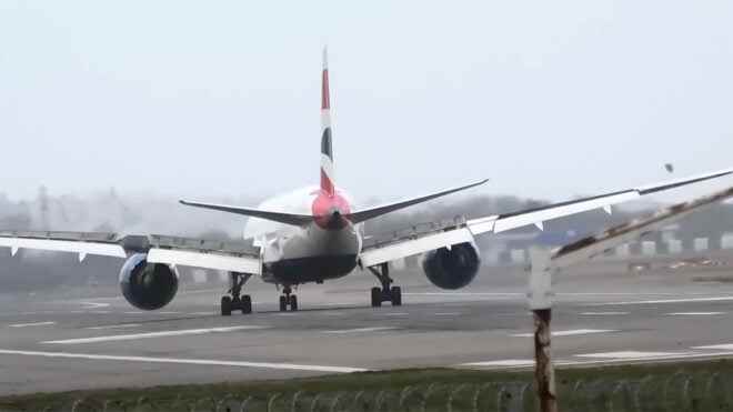 Live stream showing planes landing at London Heathrow under storm