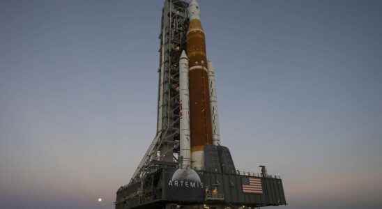 In iconic images the giant SLS rocket set up for