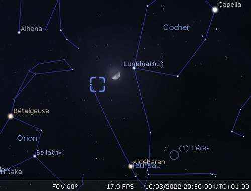 The Moon in rapprochement with Elnath and the Crab Nebula