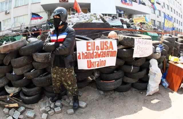 In front of the Mariupol government building seized by pro-Russian activists in 2014