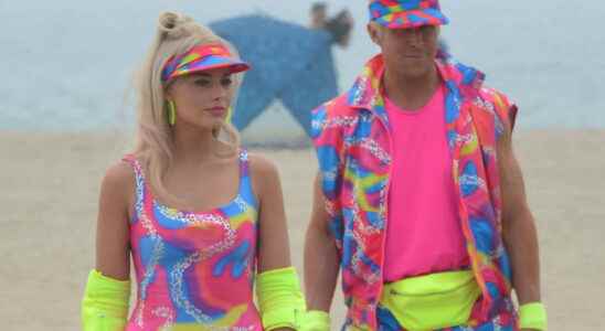 Ryan Gosling and Margot Robbie in neon on set first