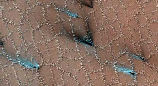 Strange shapes with black streaks on the surface of Mars