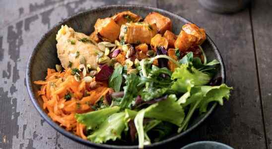 Buddha bowl Sweet potato coral lentils young shoots carrots