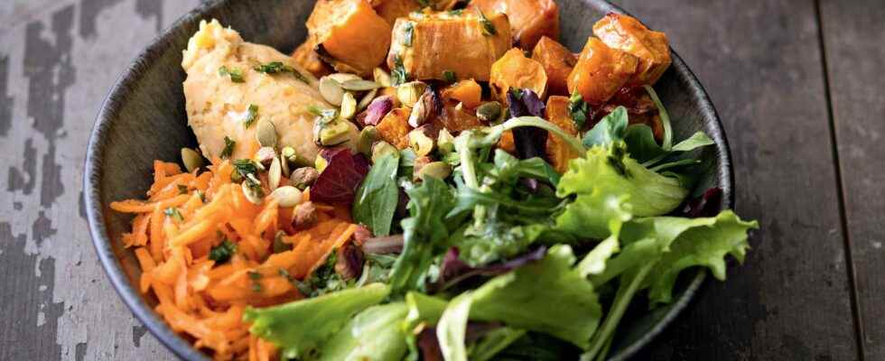 Buddha bowl Sweet potato coral lentils young shoots carrots