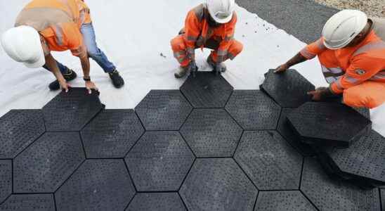 These recycled and recyclable plastic parking tiles irrigate the soil