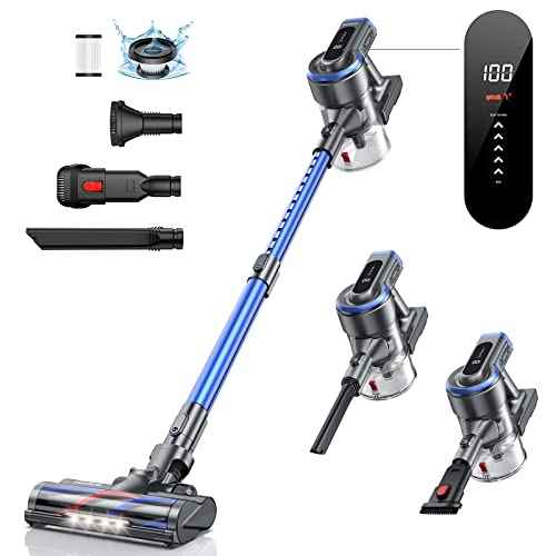 S12 Cordless Stick Vacuum Cleaner, 33Kpa/55min Lightweight Powerful Cordless Vacuum Cleaner, 5 Speed ​​Touch Screen Controlled, 1.2L Container, LED Brush for Pet Hair, Carpet, Kitchen, Car