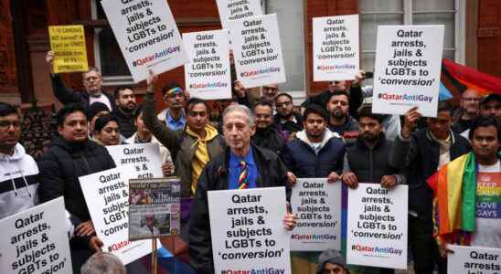 Pro LGBT demonstrators protest outside the Qatar Embassy in London