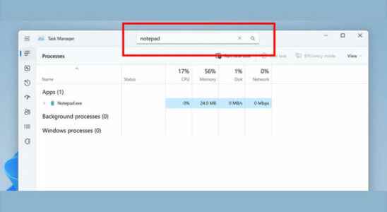 Testing the search feature for Windows 11 Task Manager