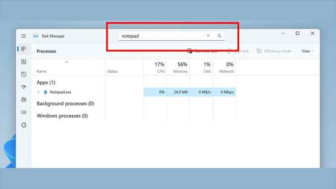 Testing the search feature for Windows 11 Task Manager