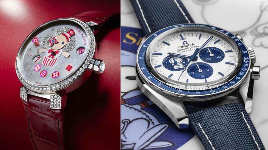 LOUIS VUITTON.  Drum Slim Vivienne Jumping Hours Circus;  OMEGA.  Speedmaster Silver Snoopy Award.