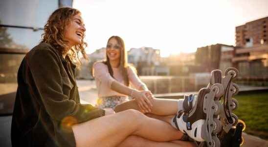 Cycling rollerblading skateboarding getting started between women in still masculine