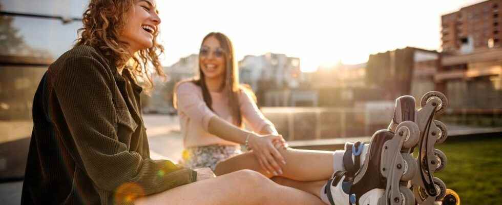 Cycling rollerblading skateboarding getting started between women in still masculine