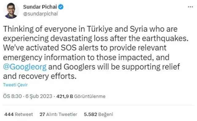 Turkey message from Google CEO Google employees will support relief