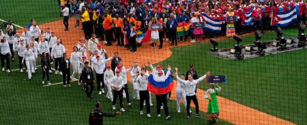 Russian athletes perform under their flag during a competition in