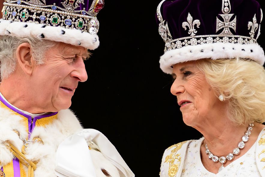 King Charles III and Queen Consort Camilla after their coronation on May 6, 2023 at the balcony of Buckingham Palace, London