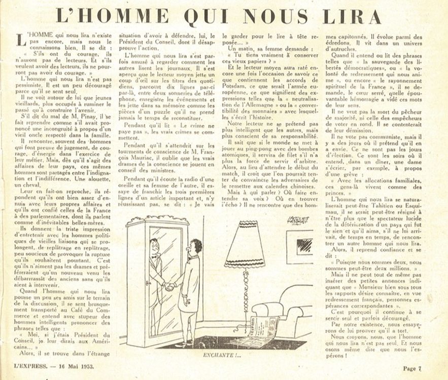 Editorial by Françoise Giroud in the first issue of L'Express published on May 16, 1953