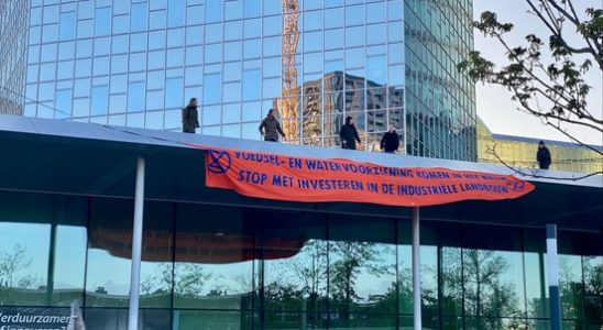 Protest at Rabobank climate activists with banner on roof