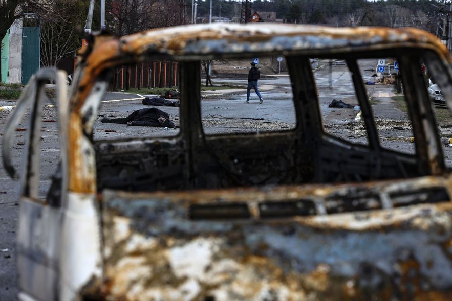 A street strewn with corpses, in Boutcha, near kyiv, April 2, 2022