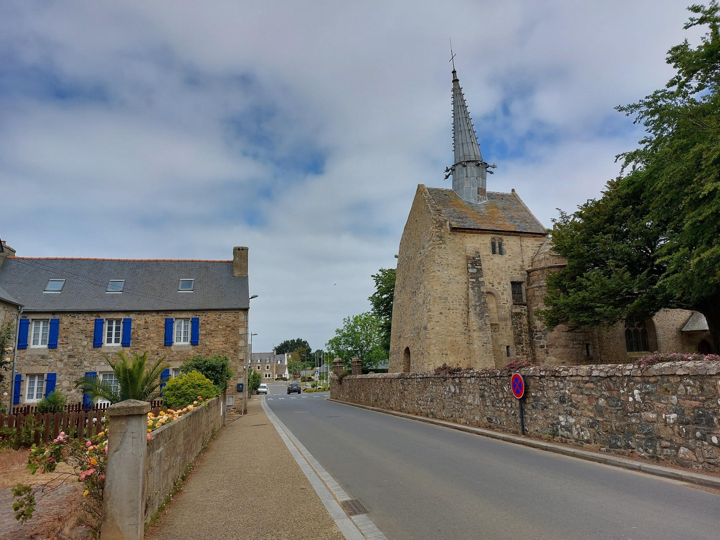 The main street of the town of Plougrescant, in Brittany.