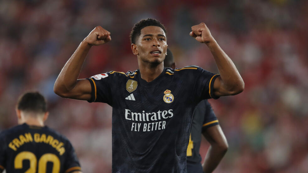 Jude Bellingham, after scoring his team's second goal during a Spanish La Liga soccer match against Almeria at the Power Horse stadium in Almeria, Spain, Saturday August 19, 2023. Real Madrid